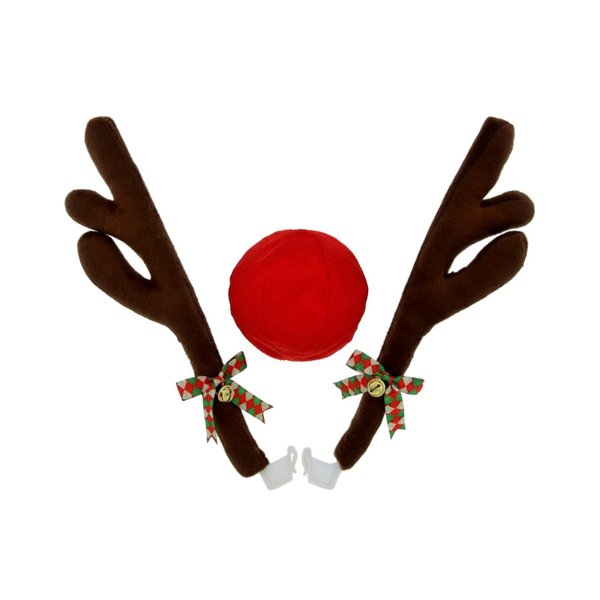 JUST BRIGHT Reindeer Antlers and Nose Rudolph Car Kit - Easy to Install Christmas Decorations for Car Window & Grill - Reindeer Car Kit with Jingle Bells and Plush Red Nose to Decorate Any Vehicle