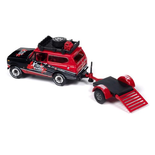 1979 Scout II Red and Black with Open Utility Trailer Tow & Go Series 1/64 Diecast Model Car by Johnny Lightning JLBT020-JLSP378