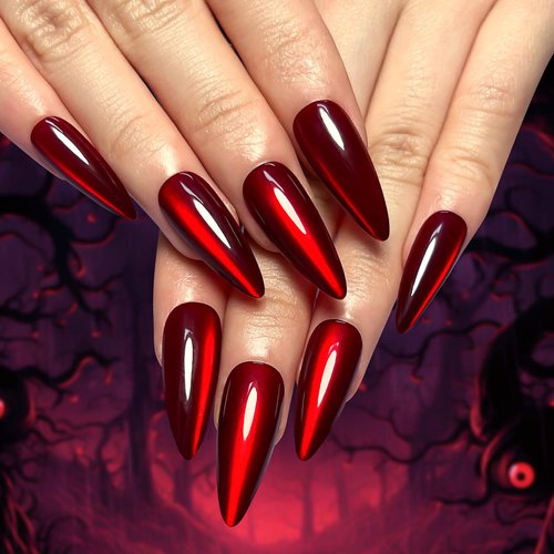 RUOKEXIN 30Pcs Halloween Press on Nails Red Long Stiletto Fake Nails Solid Color False Nails with Designs Red Cat's Eye Nail Press ons Mirror Artificial Nails Holiday Stick on Nails for Women
