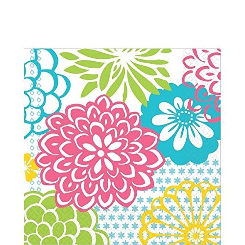 amscan Decorative Floral Fireworks Party Lunch Paper Napkins (16 Pack), 6.5 x 6.5, Multicolored