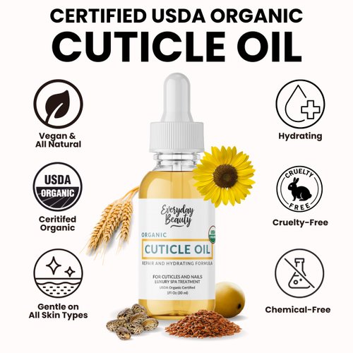 Organic Cuticle & Nail Oil - Repair, Revitalize & Hydrate Cuticles and Nails - Organic Spa Treatment - For Stronger Healthier Nails and Cuticles - 1 Fl Oz Glass Bottle with Nail Brush