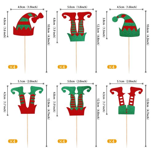 Rsstarxi 24 Pack Christmas Elf Cupcake Toppers Glitter Merry Christmas Santa Hat Elf Legs Cupcake Picks for Merry Christmas Theme New Year Holiday Baby Shower Kids Birthday Party Cake Decorations