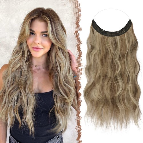 FESHFEN Invisible Wire Hair Extensions with Transparent Wire Synthetic Hair Piece Long Wavy Secre...