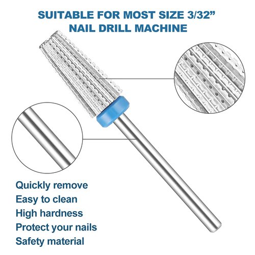 YEPPOM Nail Carbide 5 in 1 Bit - Safety Remove Acrylic or Hard Gel, 3/32" Shank Size for Electric Nail File Machine, 2 Way Rotate Use for both Left to Right Handed (Medium)