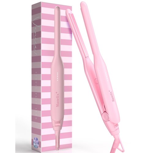 Manelix Pencil Flat Iron for Short Hair, 1/3 Inch Super Slim Mini Flat Iron Hair Straightener and Curler 2 in 1, Dual Voltage PTC and Ceramic Small Flat Iron Hair Straightener