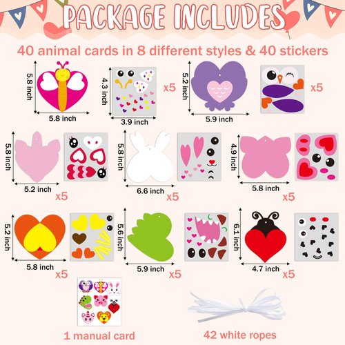 3sscha 123Pcs Valentine's Day Animals Craft Kit for Kids DIY Make Your Own Heart Animal Set Self-Adhesive Sticker Handmade Artwork Valentine Decor Classroom Home Holiday Activity Party Favor Supplies