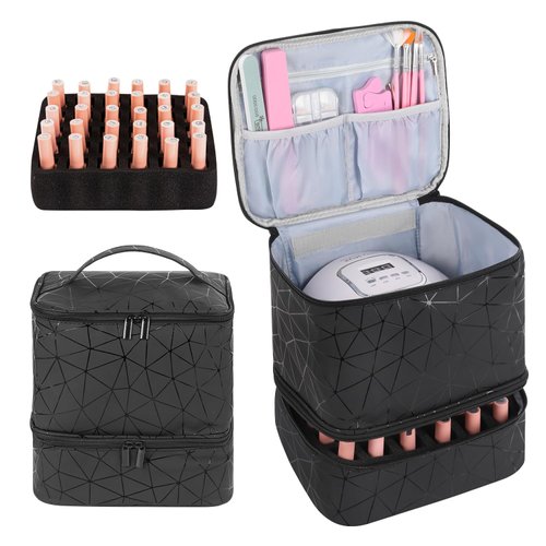 AGX Bravo Nail Polish Storage Organizer Double Layer Gel Nail Polish Bag for Nail Dryer UV Light Carrying Case Holds 30 Bottles Travel Portable Compartment Bag for Manicure Supplies, Black (Bag ONLY)