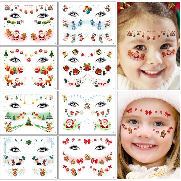 HIFANMM 8Pcs Christmas Fake Tattoos Xmas Cartoon Face Temporary Tattoos Santa Claus Gingerbread Xmas Reindeer Stockings Tattoo Stickers for Adults Kids Eye Makeup Kit for Face Decor Supplies