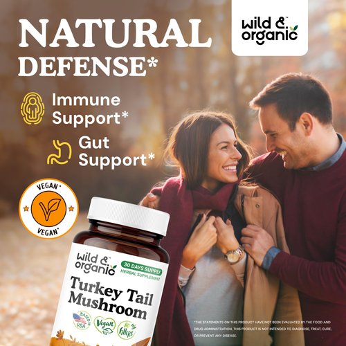 Wild & Organic Turkey Tail Mushroom Capsules 1000 mg - Immune Support - Turkey Tail Mushroom Powder Supplement - Coriolus Versicolor Mycelium Extract - Vegan, No Fillers, Non-GMO - 60 Count