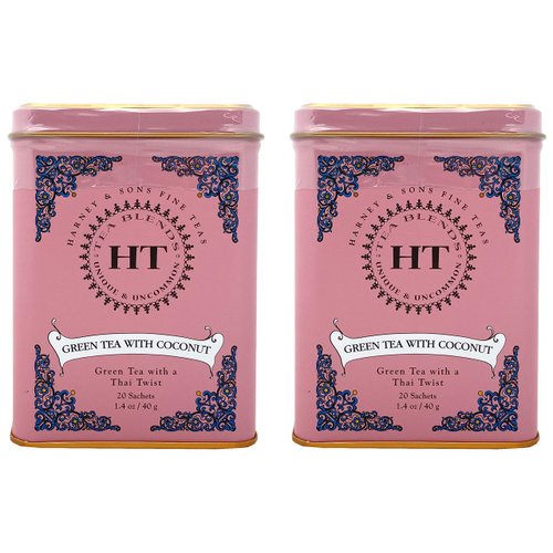 Harney & Sons Green Tea with Coconut, Ginger, and Vanilla Tea Tin - Green Tea with a Thai Twist - 20 Sachets (Pack of 2)