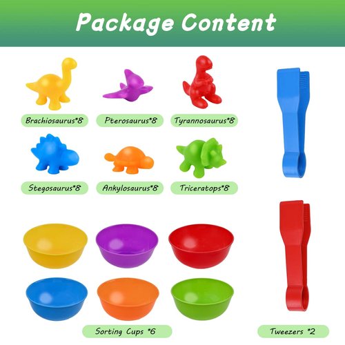 FLMRIOY Counting Dinosaurs Toy Matching Games, 56 Pcs Color Sorting Toys with Bowls Preschool Learning Math Activities for 3-6 Kids Toddlers Gift