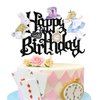 1 PCS Magic Alice Happy Birthday Cake Topper Glitter Eat Me Magical Hat Bunny Clock Fairy Birthday Cake Pick for Magic Alice Theme Baby Shower Birthday Party Decorations Supplies Black