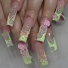 BABALAL Long Press on Nails Square Fake Nails 3D Flower Charm Design Green French Glue ons Nails Bow Heart Jeweled Acrylic Nails 24Pcs Squoval Handmade Manicure Full Cover False Nails