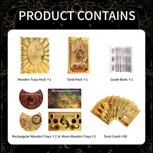 ALKALO Tarot Cards with Guide Book, 80PCS Gold Tarot Cards Set with 4Pcs Wooden Tarot Card Holder, Waterproof Tarot Deck/Fortune Telling Game Craft Cardboard for Beginners