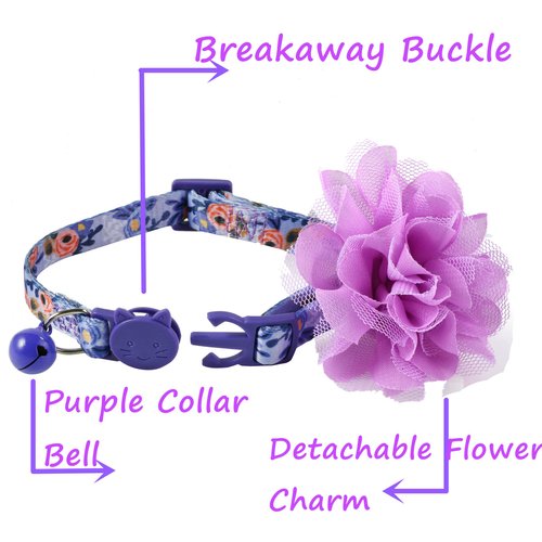 BoomBone Floral Cat Collar with Removable Purple Flower Charm,Breakaway Small Dog Collar with Bell