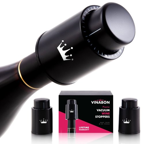 VINABON Vacuum Wine Stopper Set of 2 - Preserves Freshness and Flavor for 15 Days. Improved Pump Design, Easy One Button Operation, 100% Leak Proof Seal in Any Position. Includes WineGuide eBook