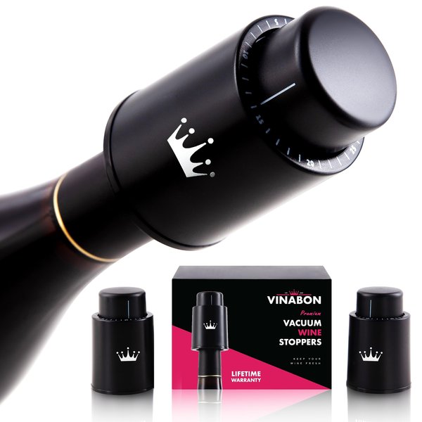 VINABON Vacuum Wine Stopper Set of 2 - Preserves Freshness and Flavor for 15 Days. Improved Pump Design, Easy One Button Operation, 100% Leak Proof Seal in Any Position. Includes WineGuide eBook