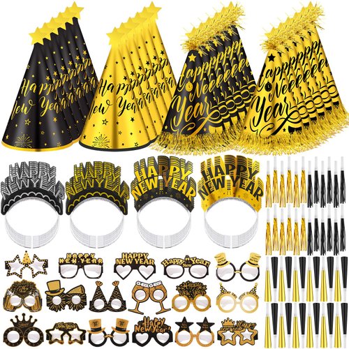 Suhine 120 Pcs Happy New Year Party Kit 2025 New Years Eve Party Supplies Bulk Happy New Year Cone Hats Headband Paper Glasses Noise Makers Horns Happy New Years Decor