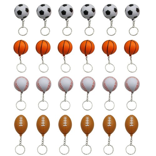 MOMOONNON Mini Foam Squeeze Sports Ball with Keychain, 24 Counts Mixed Mini Soccer, Basketball, Football, BaseBall, Kids Party Favors