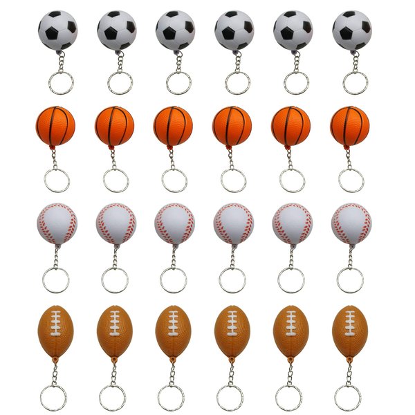 MOMOONNON Mini Foam Squeeze Sports Ball with Keychain, 24 Counts Mixed Mini Soccer, Basketball, Football, BaseBall, Kids Party Favors