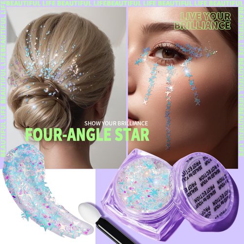 Teenitor Face Glitter Body Glitter, Clear White Body Glitter Gel, Hair Glitter Gel, 6 Shapes Rave Glitter, Mermaid Sequins Makeup Glitters Face Paint, Chunky Sparkling Glitter Gel for Women