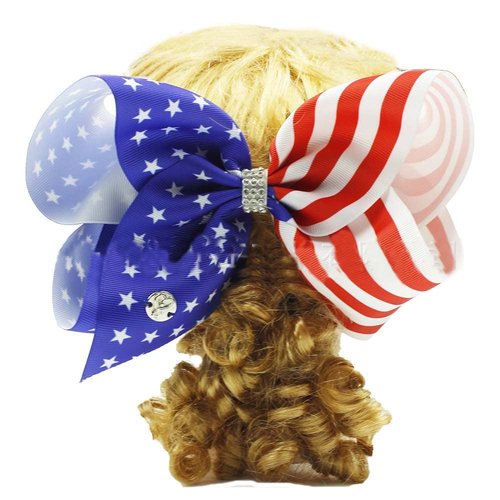 Women Girls Hair Bow Clips, 8 Inch Grosgrain Ribbon Hair Bows American Flag Hair Clip Stripe Star Hair Tie Ponytail Holder Jumbo Cheer Bow for 4th of July TSFJ46 (Hair Tie Clip Set)