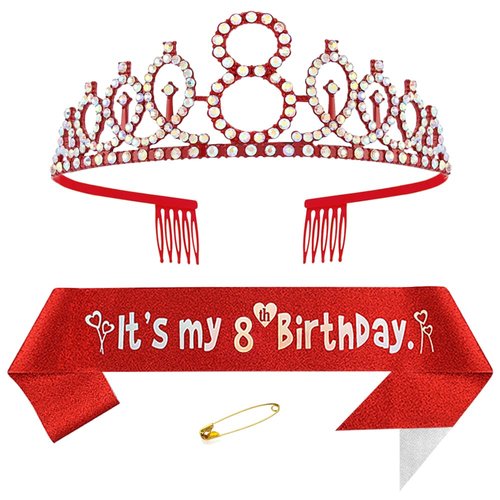 Red 8th Birthday Sash for Girls Birthday Princess Crown Queen Tiara Rhinestone Birthday Headbands Birthday Girl Sash Happy Birthday Decorations for Girls 8 Year Old Birthday Party Supplies