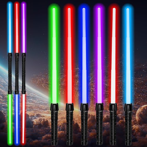 Light Up Saber - 6 Pack Light Sabers for Kids, 7 Colors Extendable & Collapsable Light Swords Set with Sound(Motion Sensitive) for Halloween, Costumes Play Party, Galaxy War Fighter and Warriors,Xmas