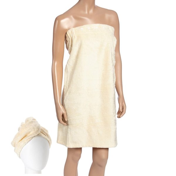 FABBRICA Home Natural Rayon Made from Bamboo Super Absorbent Quick Dry Spa Bath Wrap Shower Skirt and Hair Drying Turban - 2pc Set (One-Size, Creme)