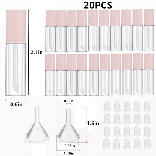 KaiLeQi Pink lip gloss tubes with wand empty bottles 3.5ml Clear Mini Refillable lip gloss containers DIY lip gloss making kit&Funnel & Rubber Stoppers (20PCS in two boxes)