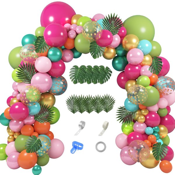 158Pcs Tropical Balloon Arch Garland Kit, Hawaiian Luau Aloha Flamingo Summer Beach Party Decorations Green Pink Orange Confetti Balloons Palm Leaves