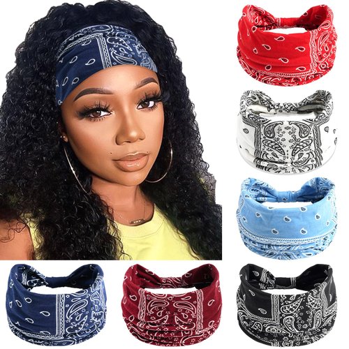 SAWINDA 6 Pack Wide Boho Headbands for Women Elastic Twisted Knotted Bandanas Thick Non-Slip Head Wraps Floral Print Womens Headbands Vintage Head Bands Yoga Workout Hair Accessories