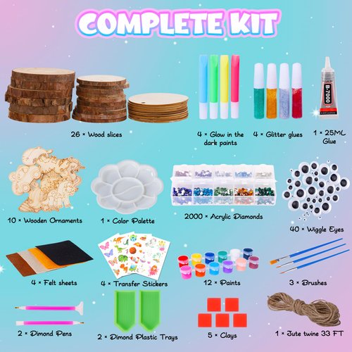 Minetom Kids Wooden Painting Kit-Glow in The Dark，26 pcs Wood Slice Craft Activities Kits-Arts & Crafts Gifts for Boys Girls Ages 5-12,Creative Art Toys for 5, 6, 7, 8, 9, 10, 11 & 12 Year Old Kids