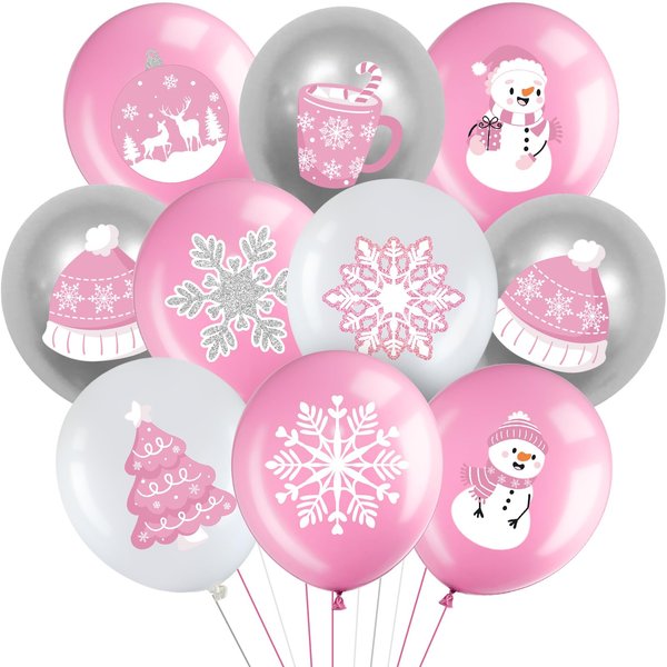 Censen 45 Pieces Snowflake Balloons, Winter Theme Balloons Set, Winter Onederland Balloons, 1st Birthday Balloons for Christmas Baby Shower Birthday Wedding Party Decorations (Pink, Silver, White)