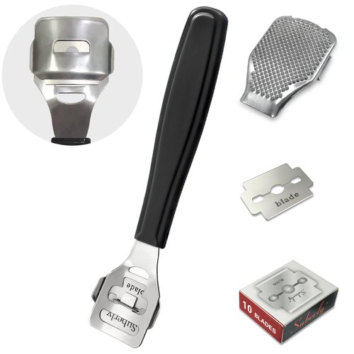 Foot Files Callus Remover Stainless Steel Foot Shaver (10 Replacement Slices Blades & 1 Foot File Heads), Professional Foot Care Tools for Pedicure to Removes Hard Skin Corns for Dry and Wet Feet
