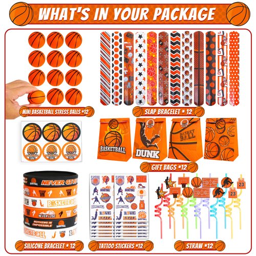Basketball Party Favors Set 72 PCS Basketball Slap Bracelets Straws Tattoo Stickers Mini Stress Ball Silicone Bracelets Gift Bags for Kids Adults Sports Basketball Birthday Gift Classroom Rewards