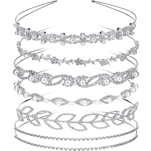 Tatuo 6 Pcs Bride Bridesmaids Crystal Headband Crown Women's Faux Pearl Rhinestones Headdress for Wedding Party Silver Tiara for Little Flower and Leaves Artificial Diamond Headbands