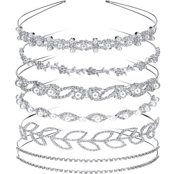 Tatuo 6 Pcs Bride Bridesmaids Crystal Headband Crown Women's Faux Pearl Rhinestones Headdress for Wedding Party Silver Tiara for Little Flower and Leaves Artificial Diamond Headbands