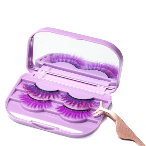 3 Tier Eyelash Storage Case Lash Dime Organizer Holder Box with Mirror Makeup Cosmetic Travel Case Empty and Eyelash Tweezer False Lash Container (Purple)