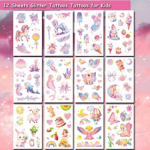 Hohamn Glitter Tattoos for Girls Kids, 12 Sheets Glitter Butterfly Unicorn Mermaid Ice Cream Temporary Tattoos for Girls Birthday Party Supplies Gifts Decoration