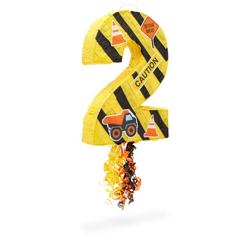 BLUE PANDA Number 2 Pull String Pinata for Construction Birthday Party Supplies, Decorations (Small, 16.5 x 12 x 3 In)