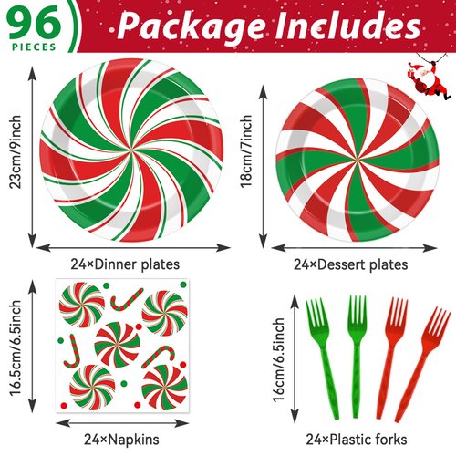 96 Pcs Christmas Peppermint Candy Party Plates Napkins Tableware Set Candy Mint Party Supplies Disposable Dinnerware Red and Green Striped Peppermint Decoration Favors for Holiday Xmas, 24 Guests