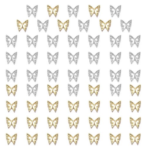 qiipii 60pcs Butterfly Nail Charms Bulk 3D Golden Silver Butterflies Charms for Acrylic Nails, Nail Alloy Studs Charms Nail Art Jewels Decor Supplies Accessories for Nails Face Makeup Body DIY Crafts