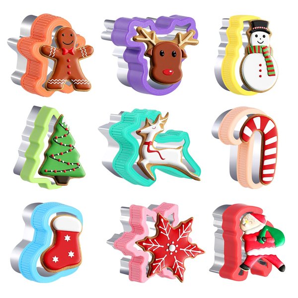 Christmas Cookie Cutters-9 Christmas holiday themed baking cutters-Flying Deer,Snowflake,Christmas Tree,Deer head,Santa Claus,Socks,crutches,Snowman,Gingerbread Man shape cookie cutters.