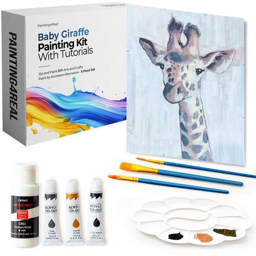 Painting4Real DIY Painting Class Kit for Adults: Learn to Paint This Baby Giraffe with Video Tutorials – How to Paint with Acrylics – Painting & Art Supplies – 9 Piece Acrylic Paint Set