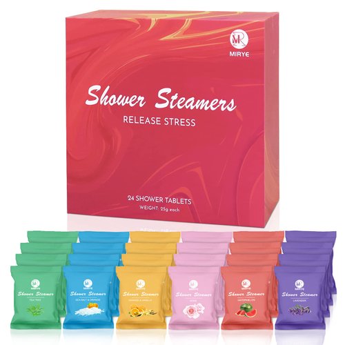 MR MIRYE Shower Steamers Aromatherapy for Women and Men, 24-Pack Organic Shower Bombs with Essential Oil, Rose, Watermelon, Tea Tree, Orange & Vanilla, Sea Salt, Lavender Mothers Day Gifts for her