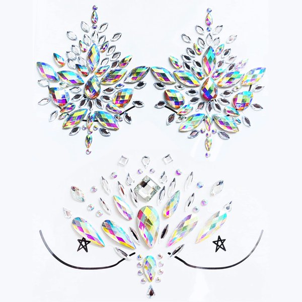 Kotbs Body Jewels Rhinestone Sticker, 2-Sheet Mermaid Gems Jewelry Makeup Set, Body Art Gems Temporary Tattoos for Halloween Festival Rave Party Outfit