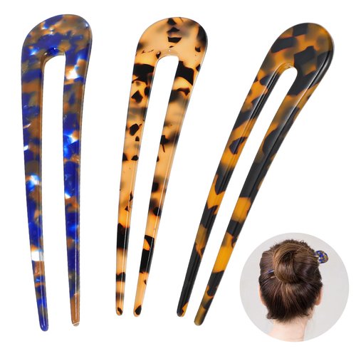 Sibba 3 Pcs French Hair Forks Tortoise Shell Hair Forks Tortoise Shell U Shape Updo Hair Pins Clips Leopard Print Hairpin Classic Chignon Barrette Acetate Hairpins for Women Party Stylist
