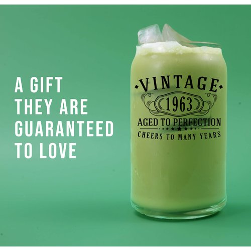 Vintage 1963 Printed 16oz Can Glass - 61st Birthday Gifts for Women Men - Cheers to 61 years old - 61st decorations for her him - Best Engraved Coffee Beer Gift ideas - Mom Dad 2.0