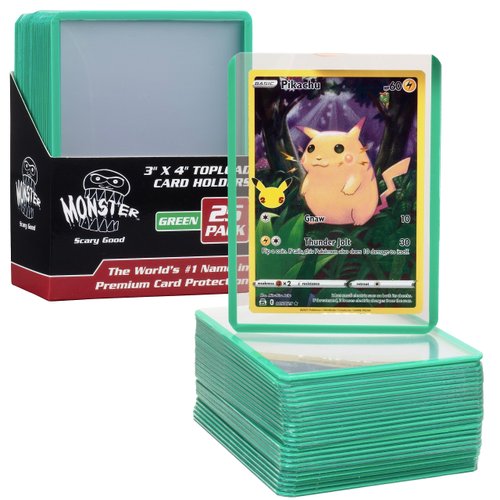 Monster Top Loaders for Collectible Trading Cards- 25 Count 3"x4" Clear Hard Plastic Protector (Green Border)- Easily Sort Your TCG Cards by Color- Compatible with MTG Magic Gathering, Yugioh, Sports